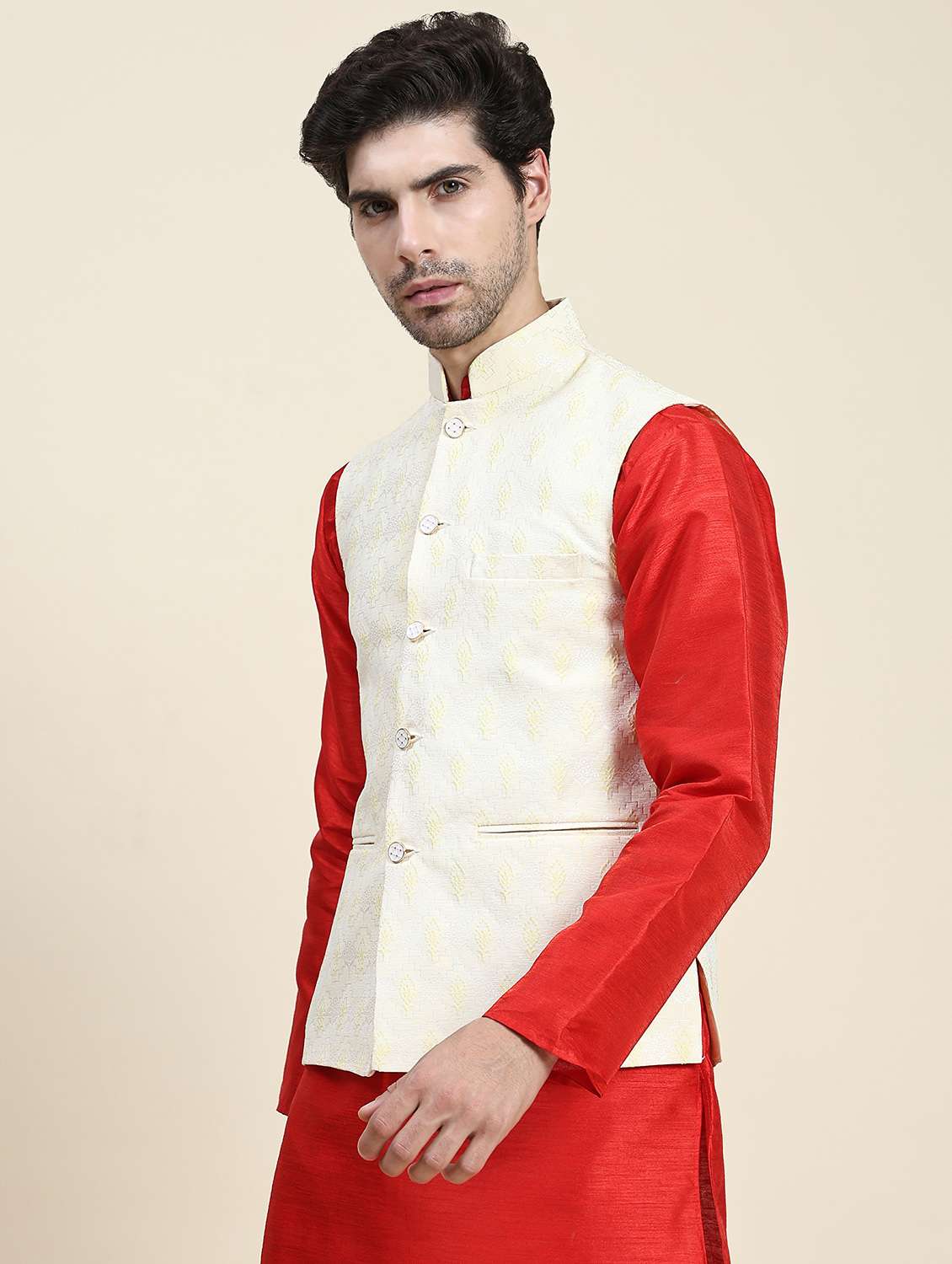 yellow polyester nehru jacket - 20018421 -  Standard Image - 1