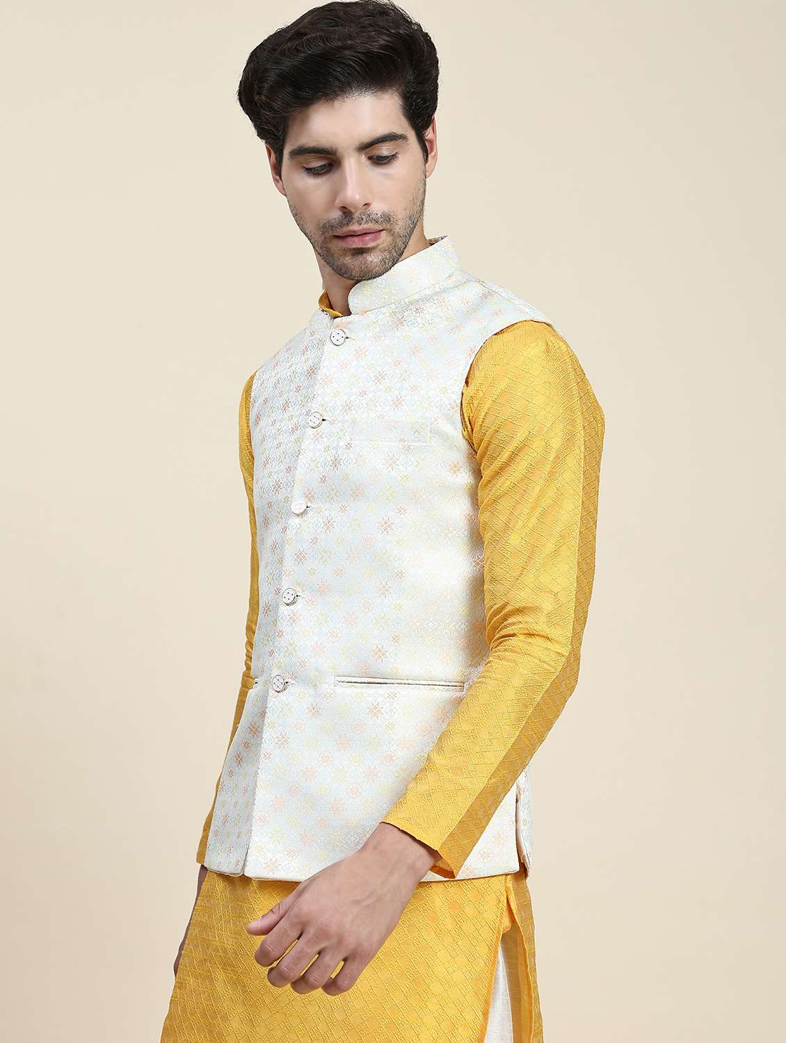 yellow polyester nehru jacket - 20018430 -  Standard Image - 1