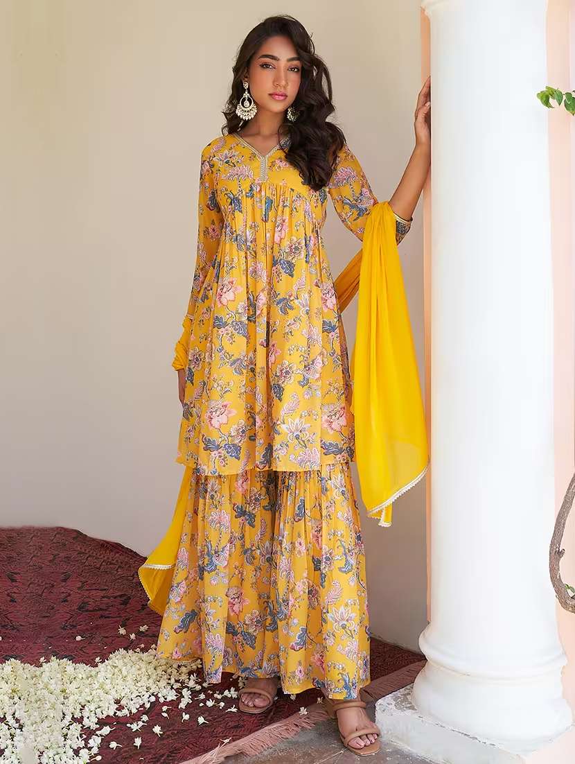 women yellow v neck kurta sharara set with dupatta