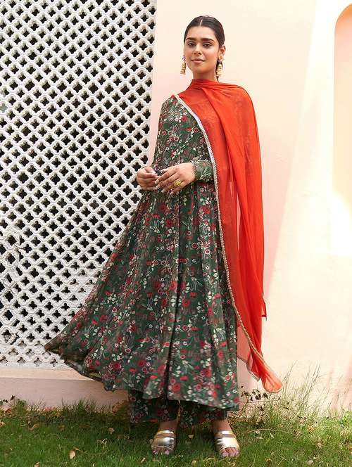 women green long sleeve kurta palazzo set with dupatta - 20018580 -  Standard Image - 0