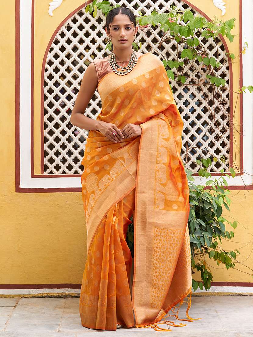 women's self design mustard colored saree with blouse