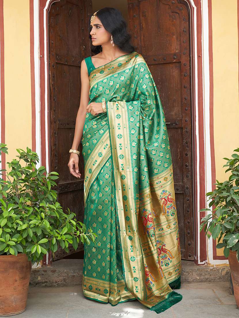 women's self design sea green colored saree with blouse