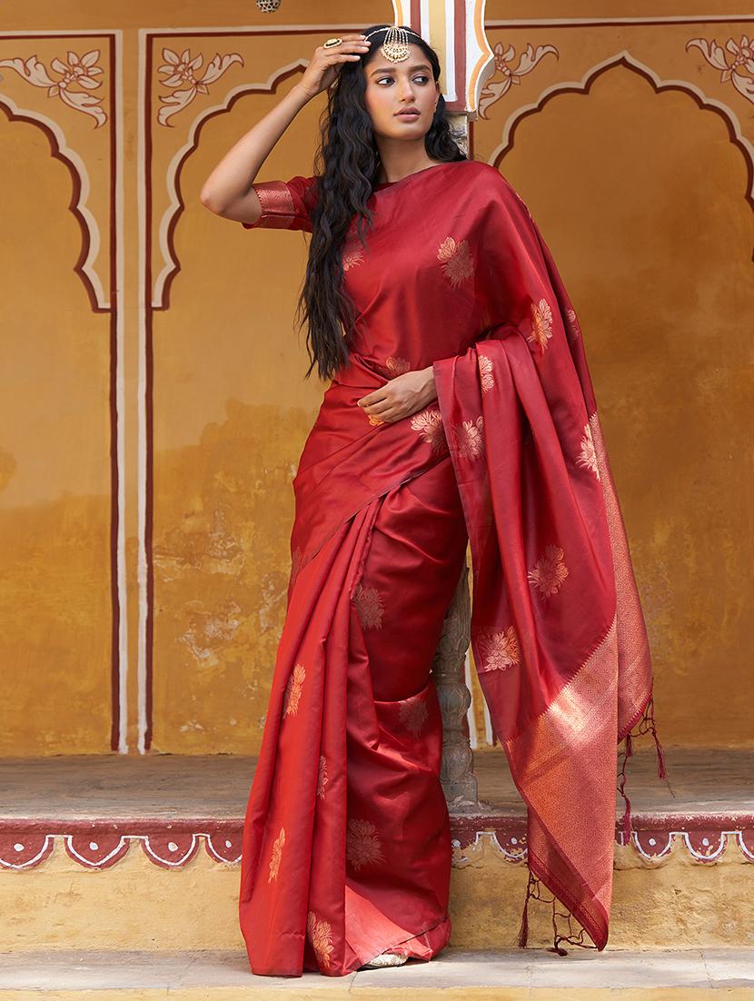 women's self design red colored saree with blouse