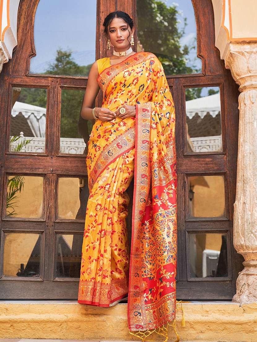 yellow silk blend saree with blouse - 20018665 - Zoom Image - 0