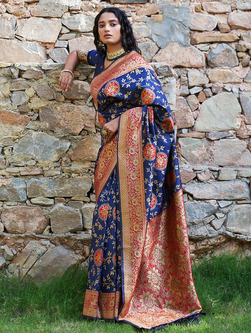 women's self design royal blue colored saree with blouse