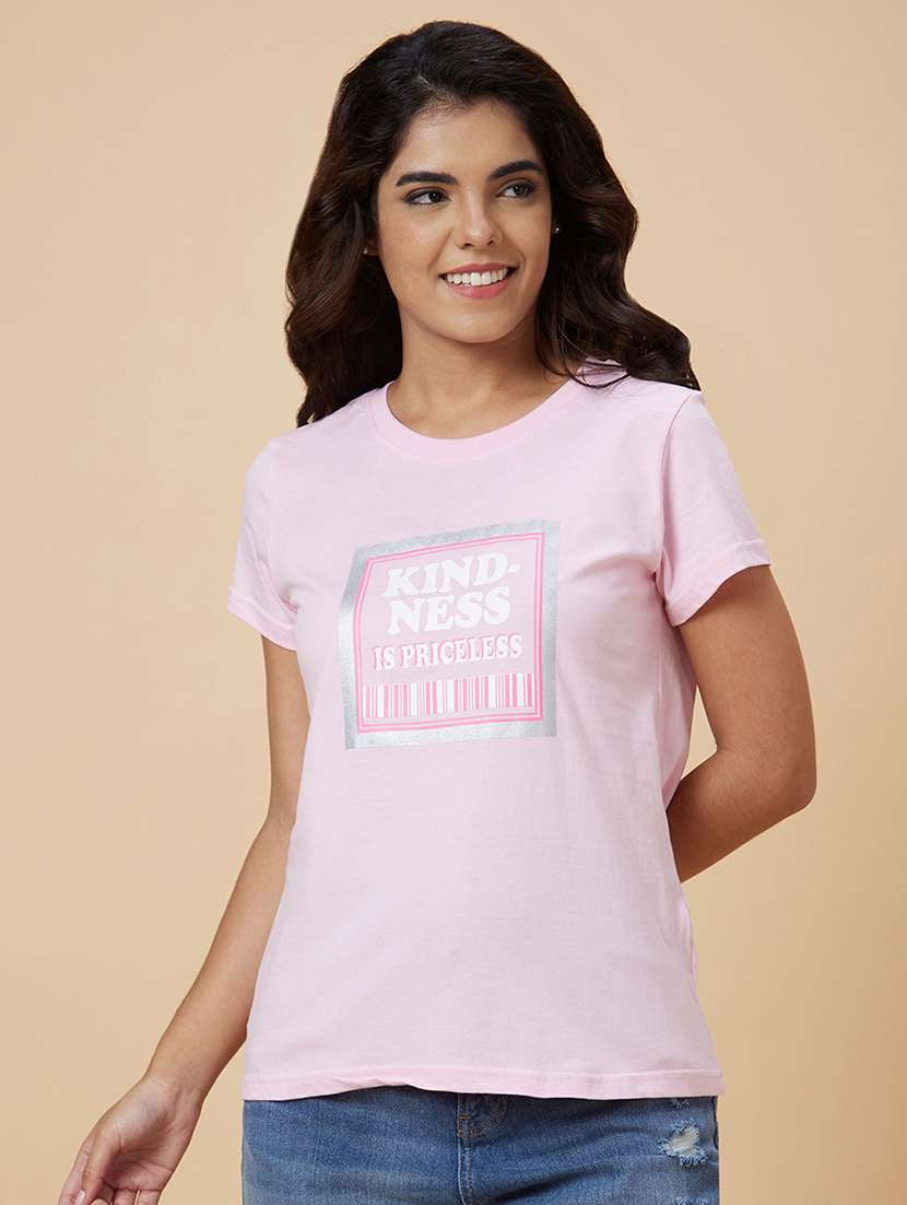 women pink cotton chest print t-shirt