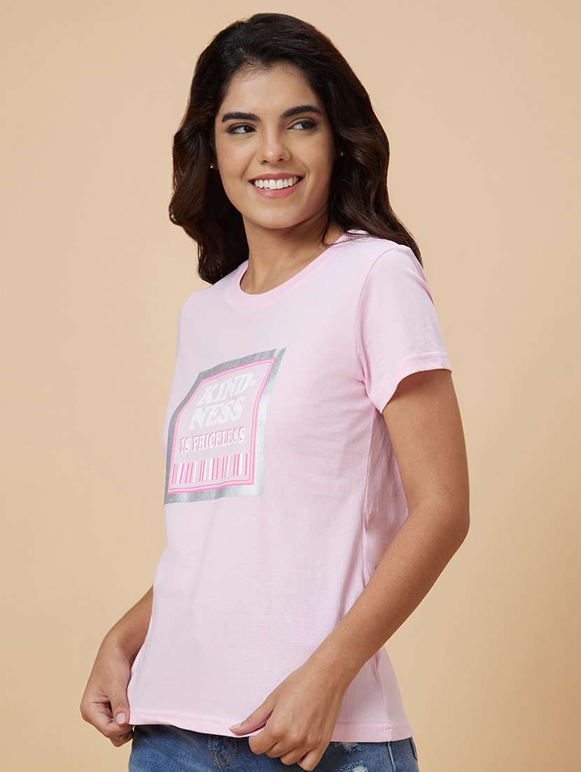 women pink cotton chest print t-shirt - 20019017 - Standard Image - 1