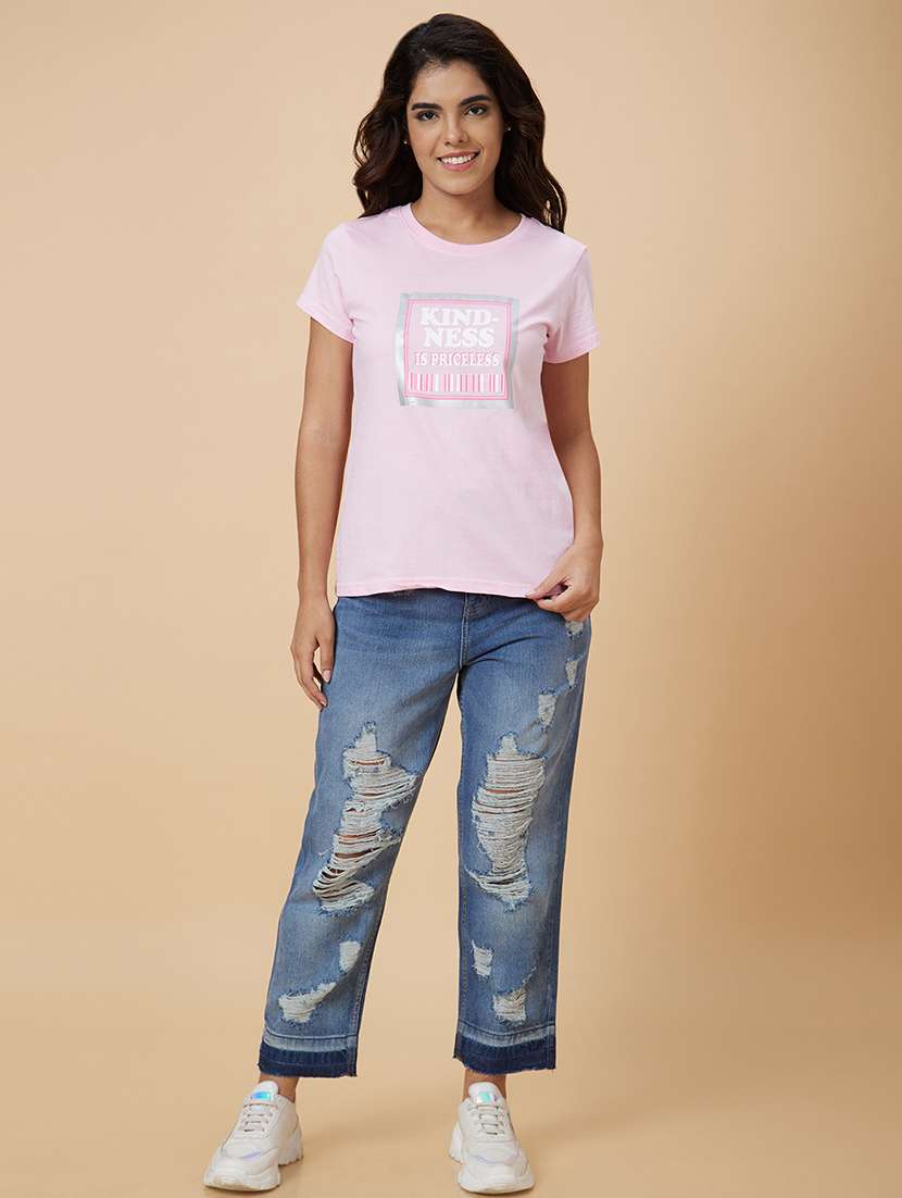 women pink cotton chest print t-shirt - 20019017 - Standard Image - 4