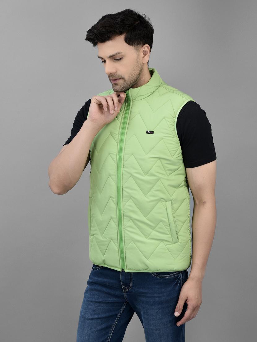 men green solid stand collar quilted jacket - 20019066 - Standard Image - 1