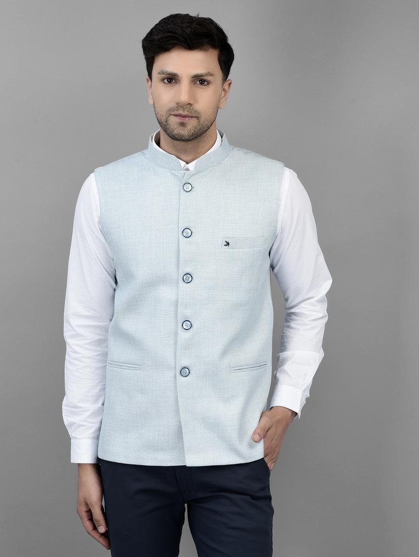 light blue linen waist coat - 20019075 -  Zoom Image - 0