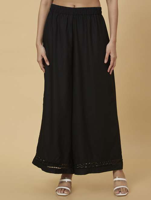 globus women black floral lace hem design flared ethnic palazzos - 20019081 -  Standard Image - 0