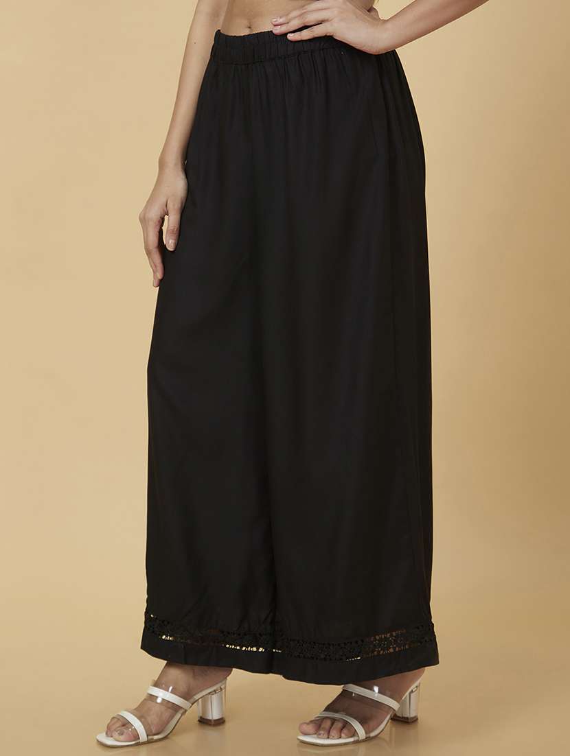 globus women black floral lace hem design flared ethnic palazzos - 20019081 -  Standard Image - 1