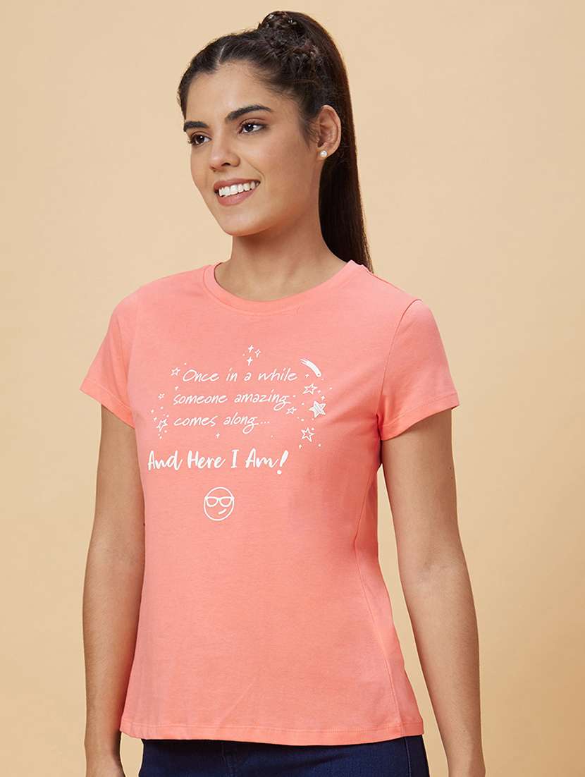 women's chest print round neck t-shirt - 20019095 -  Standard Image - 1