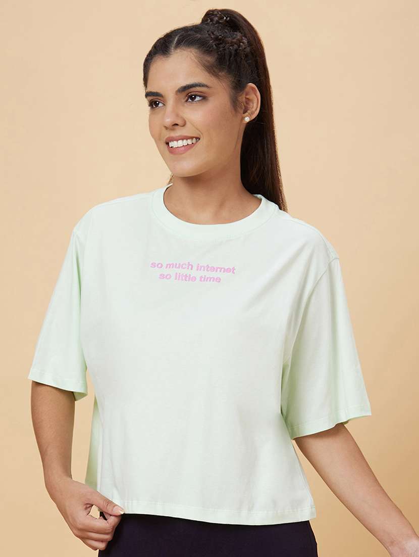 women's chest print round neck t-shirt - 20019097 -  Standard Image - 1