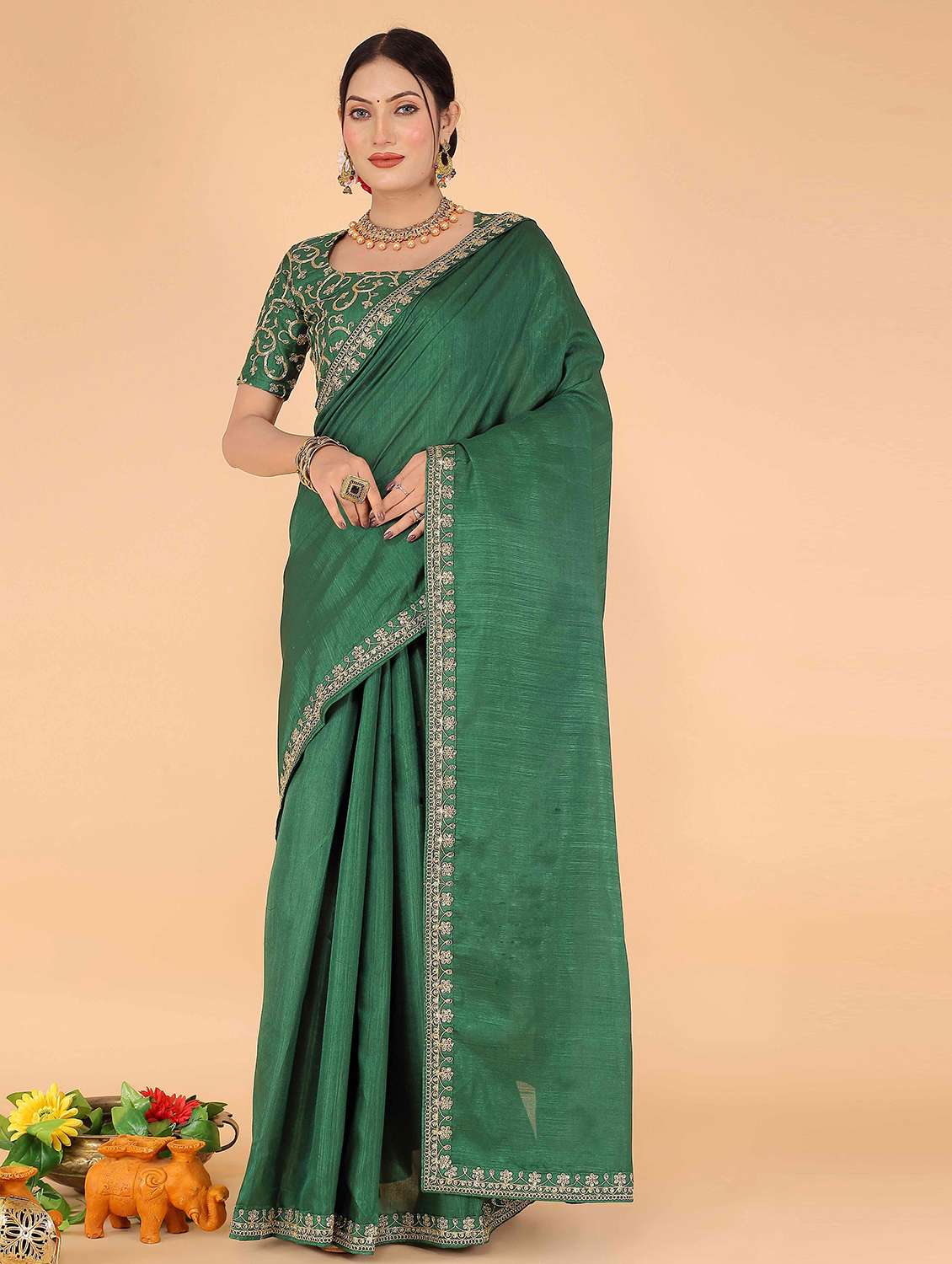 women's solid green colored saree with blouse
