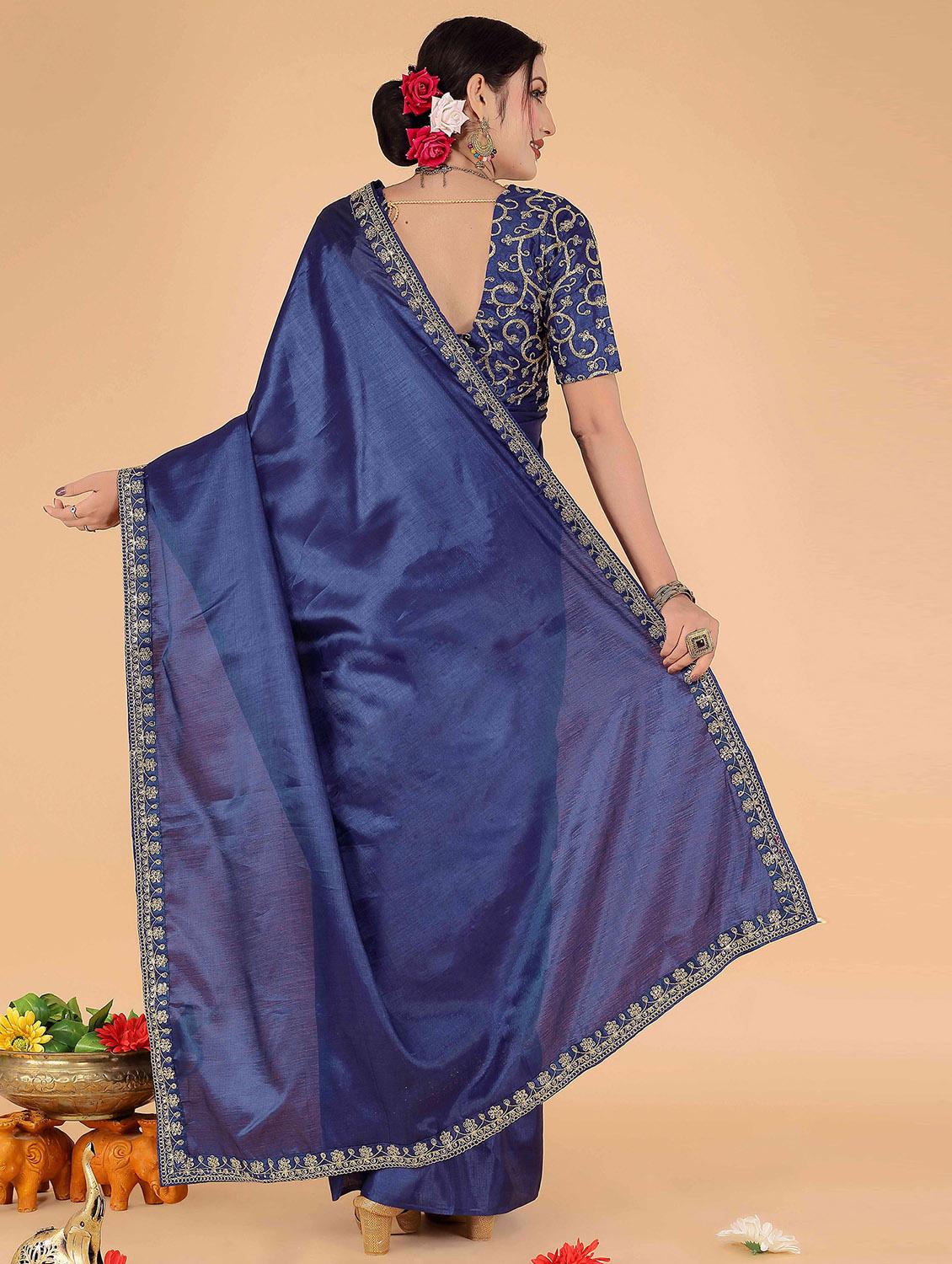 women's bordered navy blue colored saree with blouse - 20019364 - Standard Image - 1