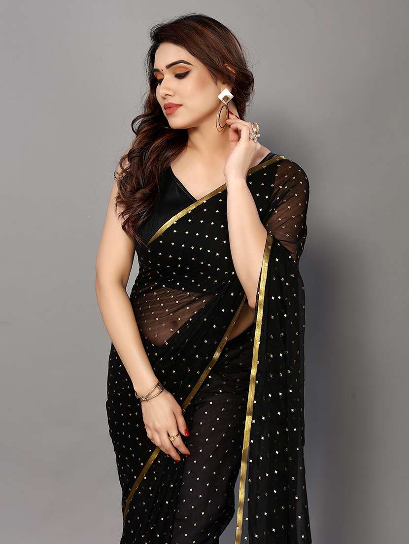 black chiffon printed saree with blouse - 20021540 -  Standard Image - 1