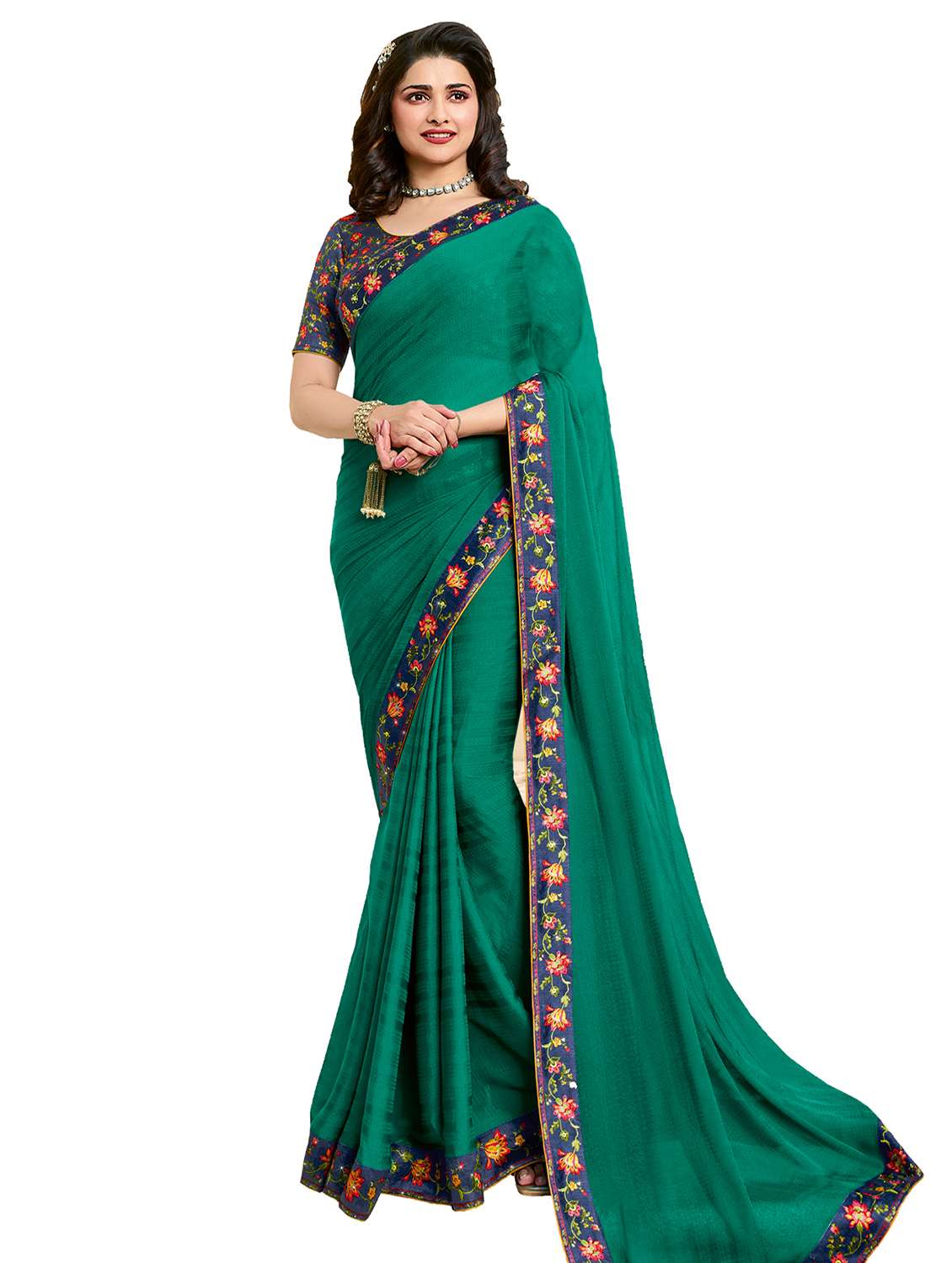 women's bordered sea green colored saree with blouse