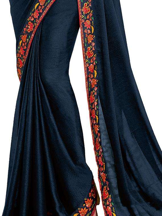 women's bordered navy blue colored saree with blouse - 20022639 -  Standard Image - 1