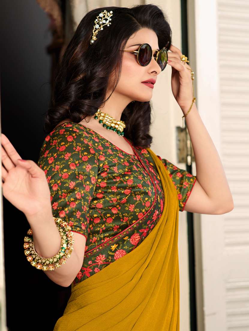 women's bordered mustard colored saree with blouse - 20022641 -  Standard Image - 1