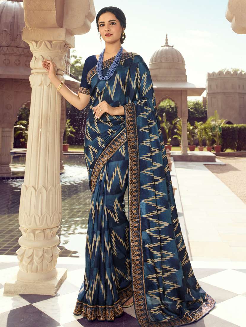 women's printed navy blue colored saree with blouse