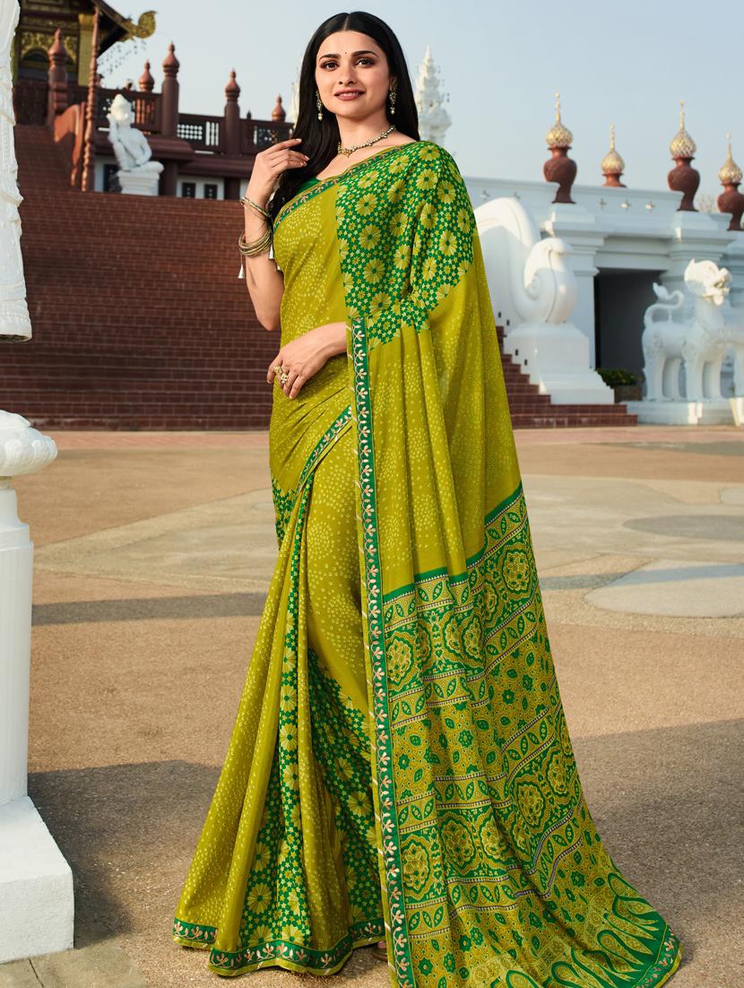 women's printed olive colored saree with blouse