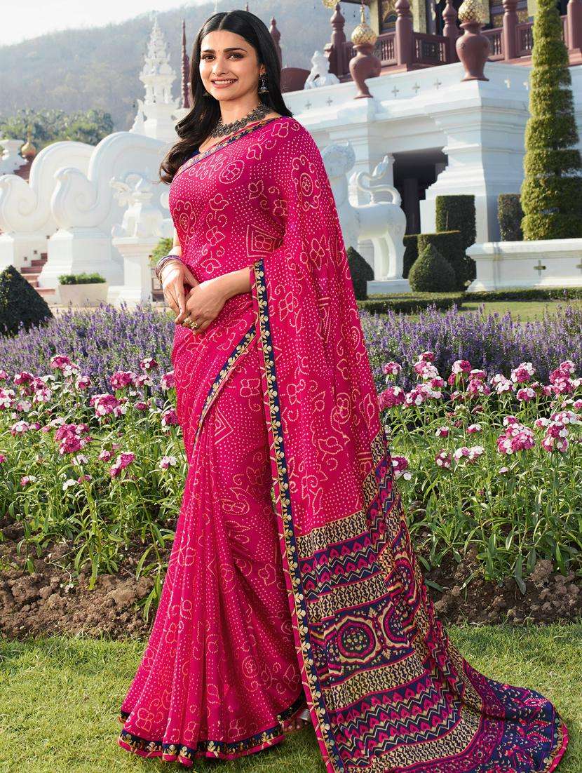 women's printed pink colored saree with blouse