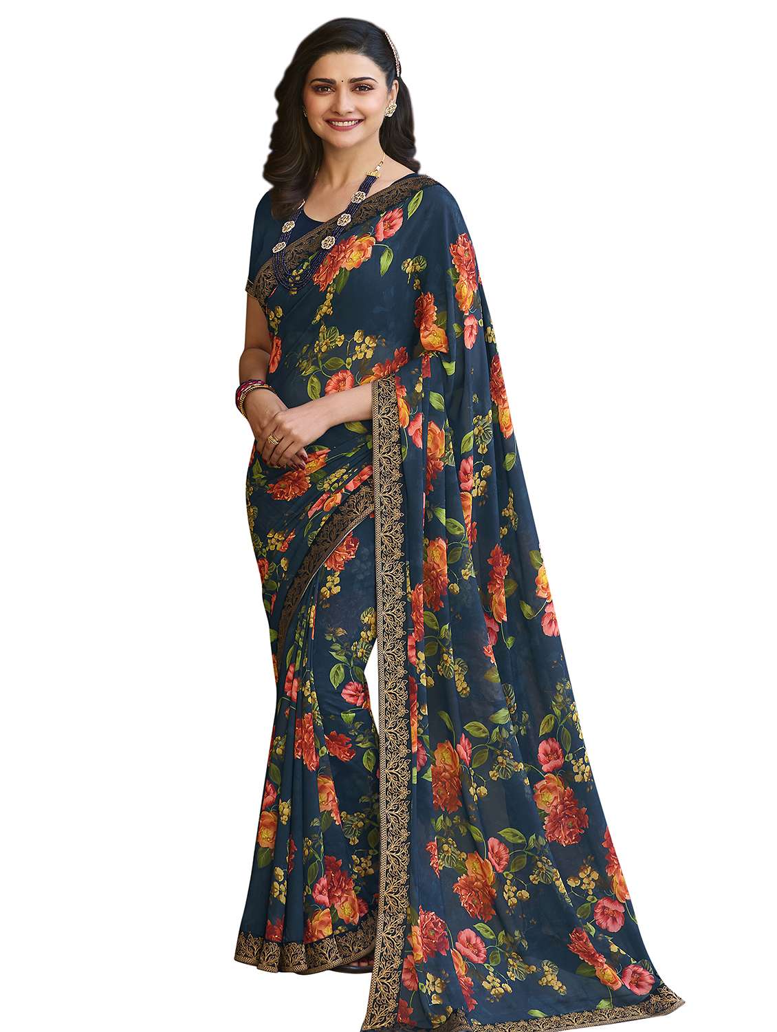 women's printed dark blue colored saree with blouse