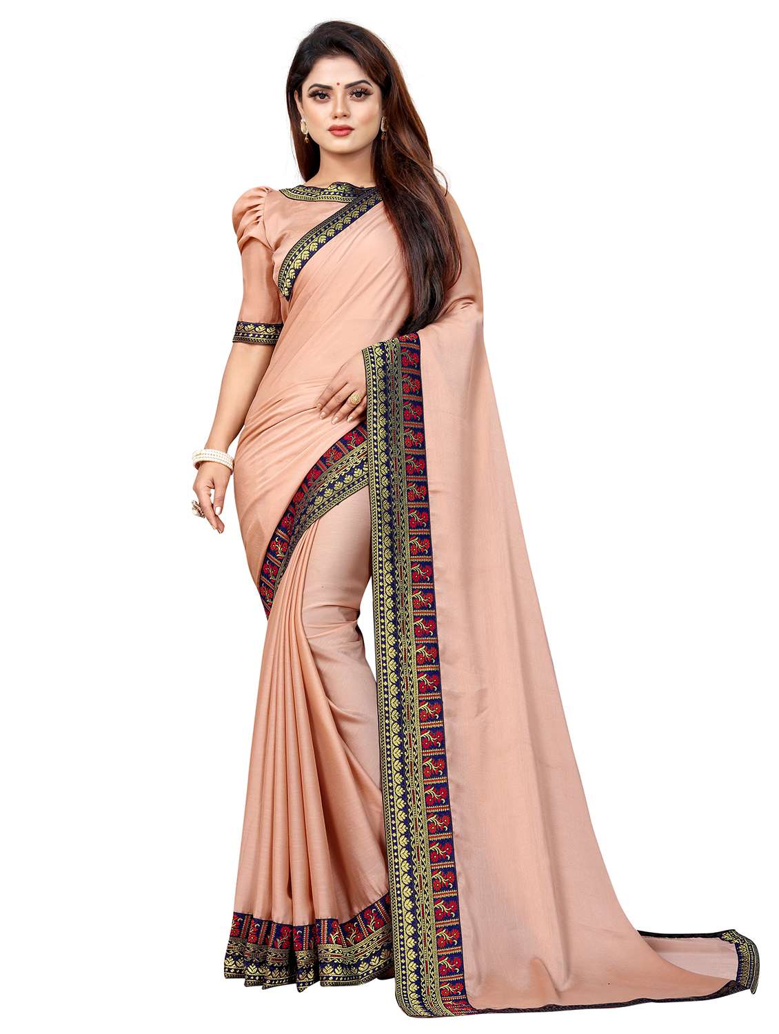 women's bordered royal blue colored saree with blouse