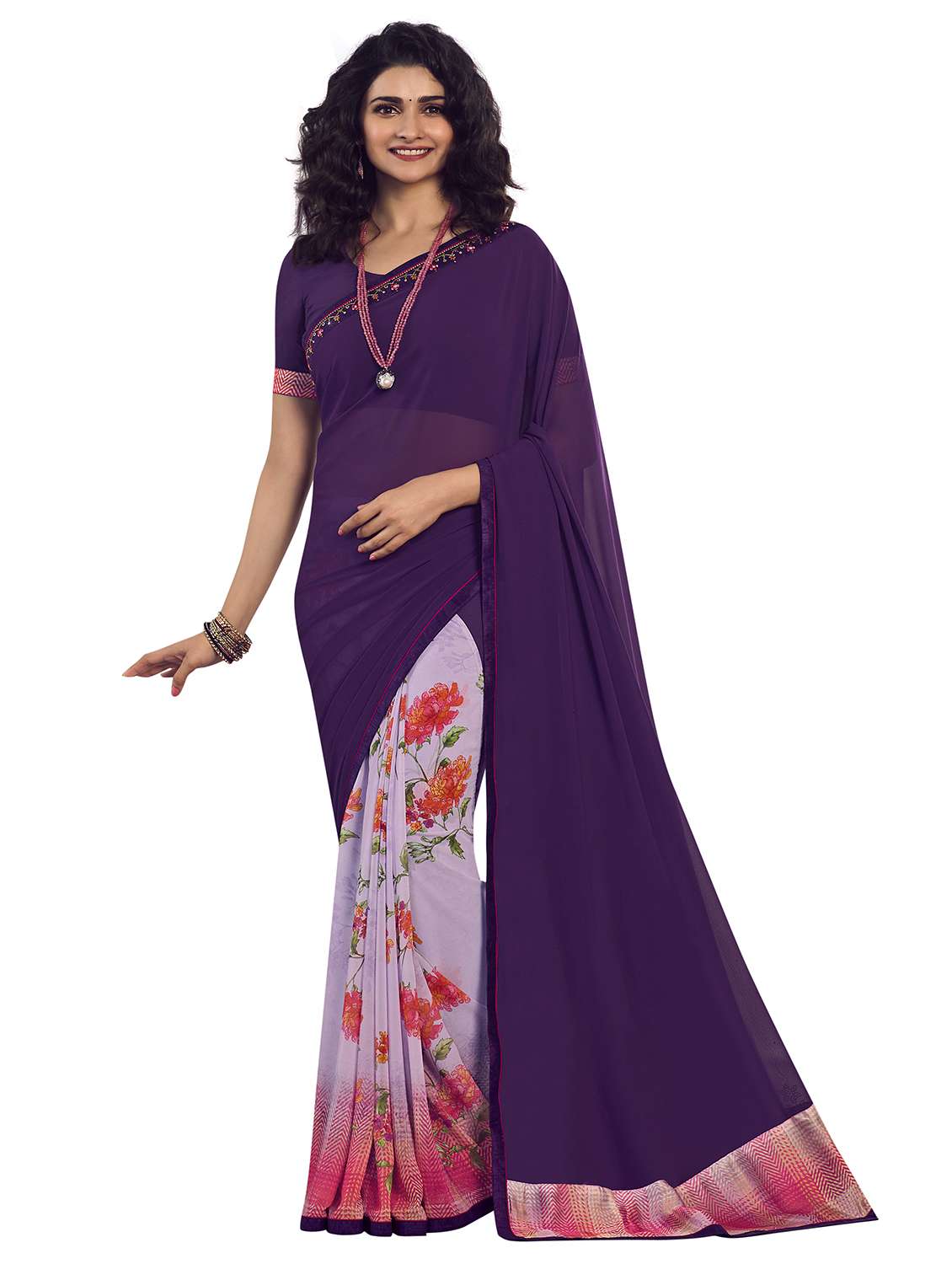 women's floral purple colored saree with blouse
