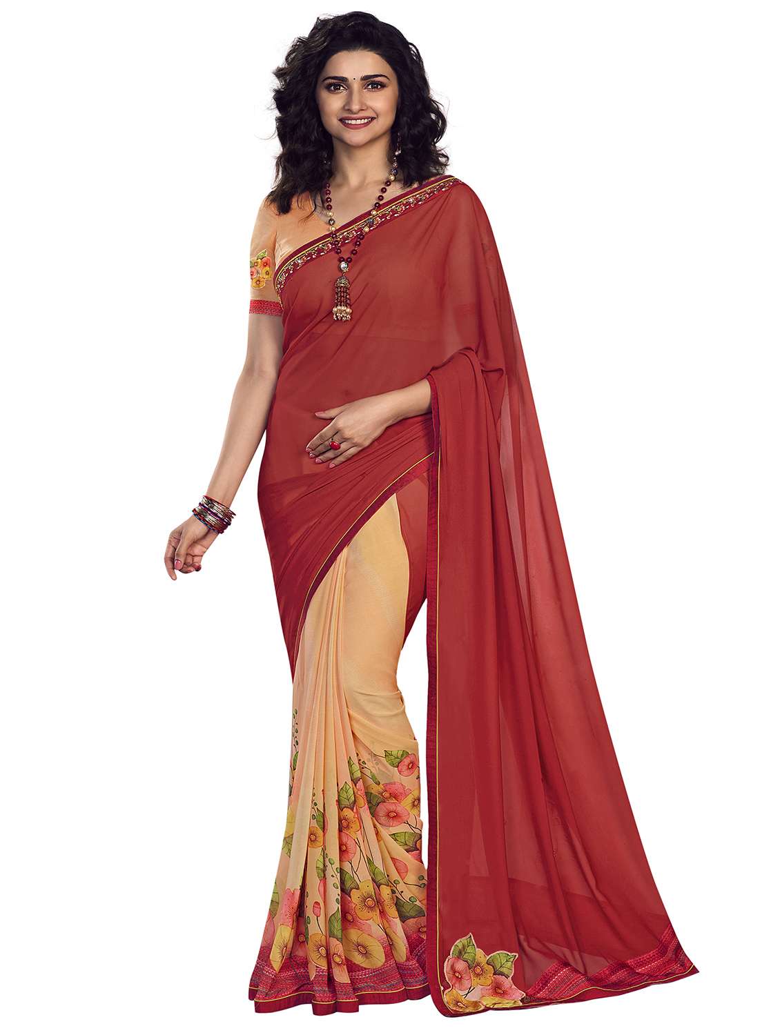 women's printed red colored saree with blouse