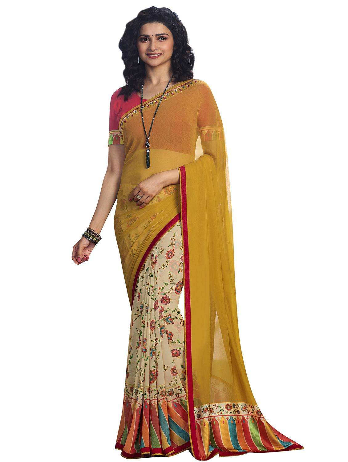 women's floral mustard colored saree with blouse