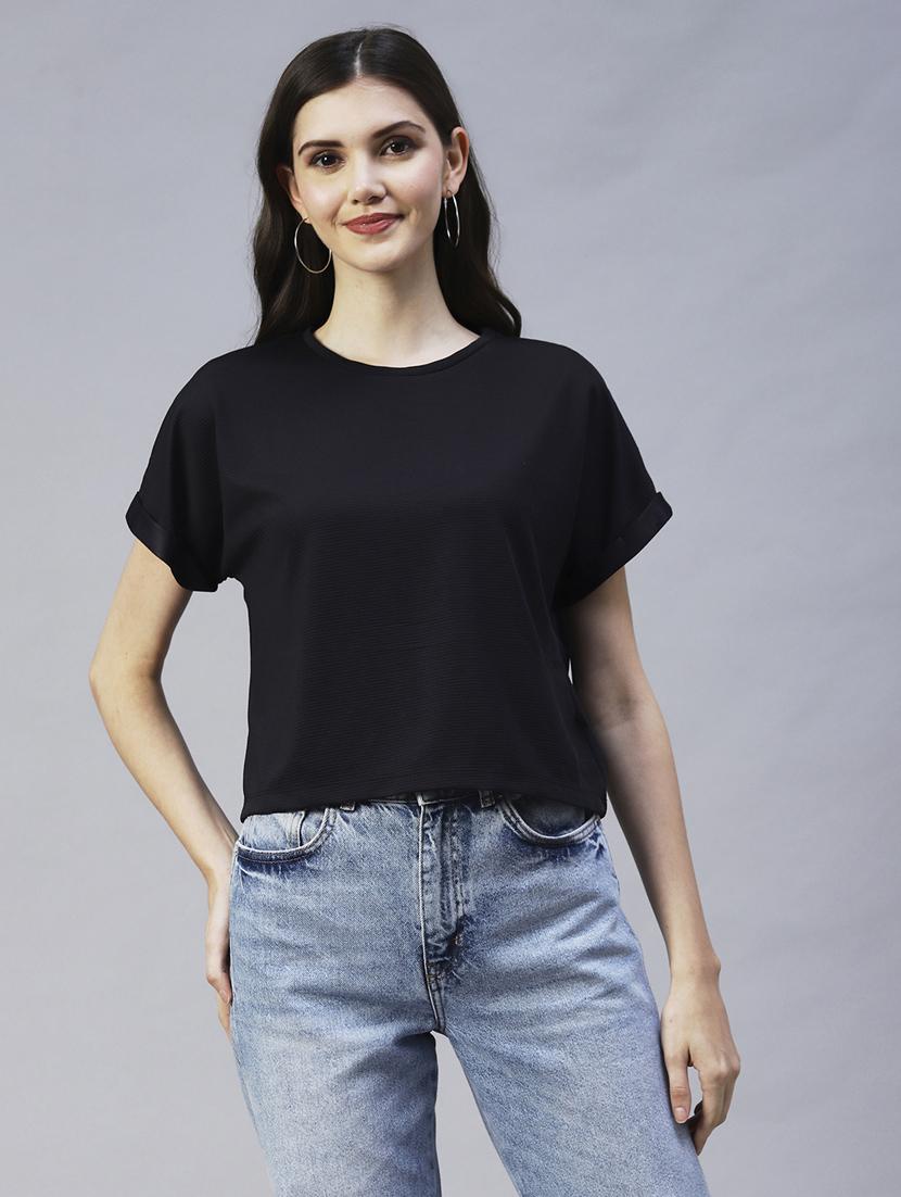 women's solid black round neck top - 20022908 -  Zoom Image - 0