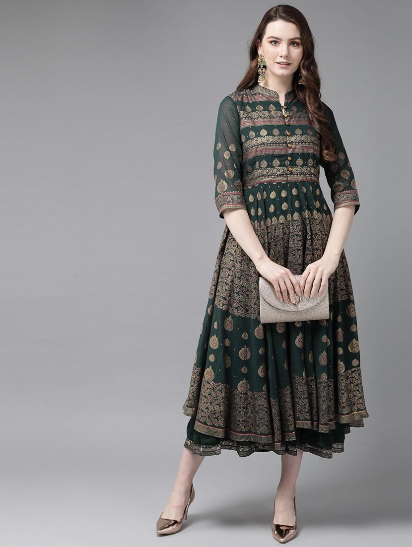 green foil printed layered ethnic dress - 20023408 - Standard Image - 1