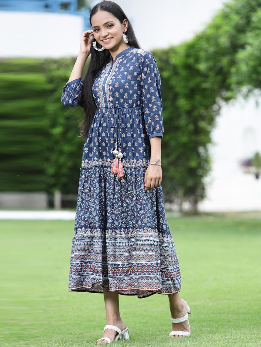 blue cotton blend a-line ethnic dress - 20023418 -  Standard Image - 1