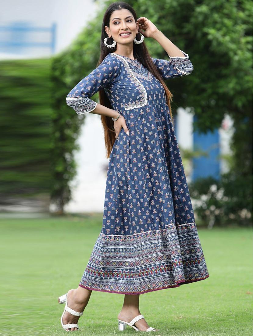 juniper women's indigo cotton cambric printed anarkali dress - 20023419 -  Standard Image - 1