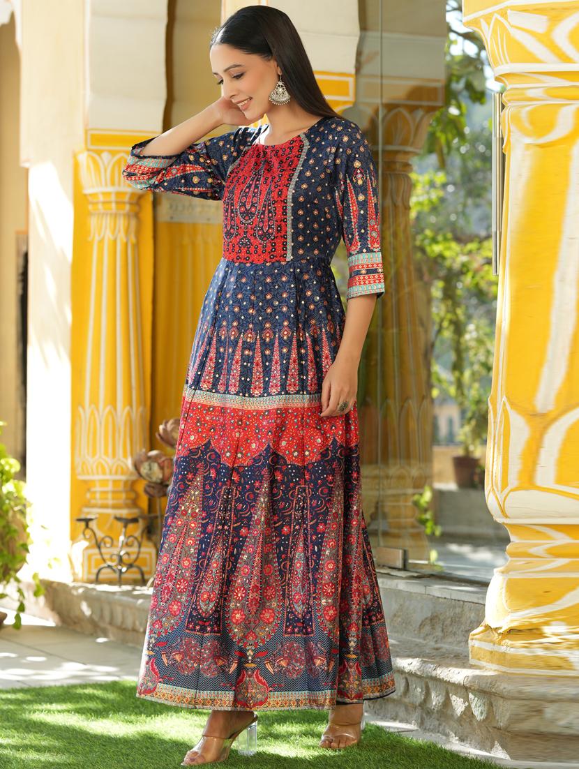 juniper women's navy blue dull satin printed anarkali dress - 20023423 - Standard Image - 1