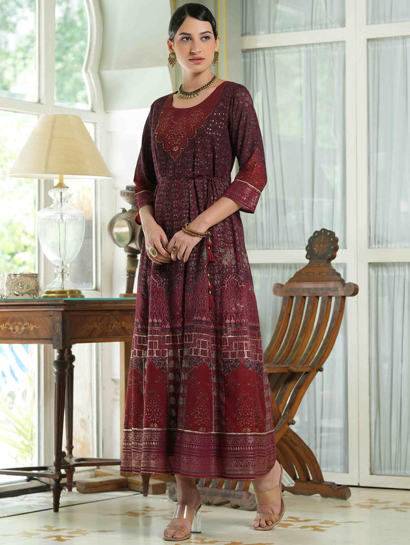 juniper  women's maroon georgette printed anarkali dress - 20023425 -  Standard Image - 1