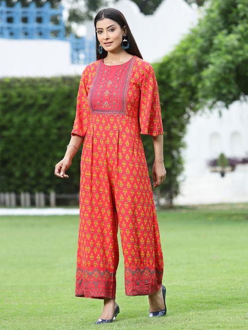 juniper women coral rayon printed jumpsuit - 20023428 -  Standard Image - 0