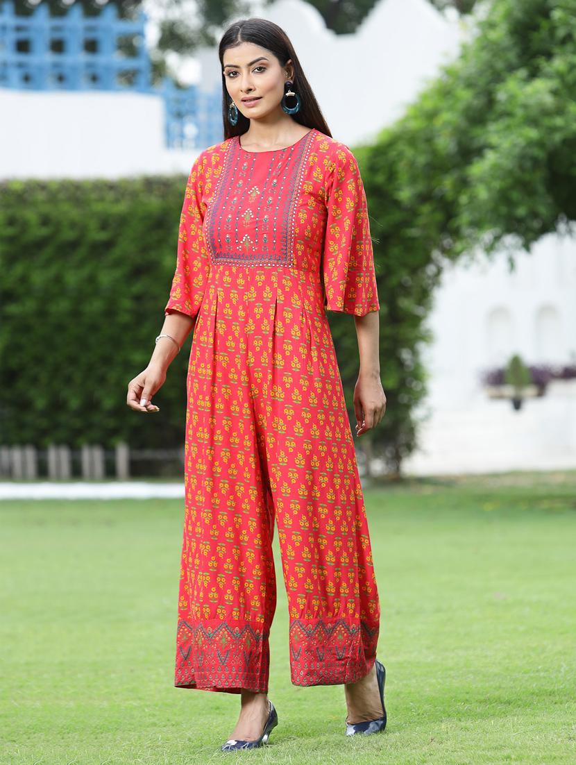 juniper women coral rayon printed jumpsuit - 20023428 -  Zoom Image - 0