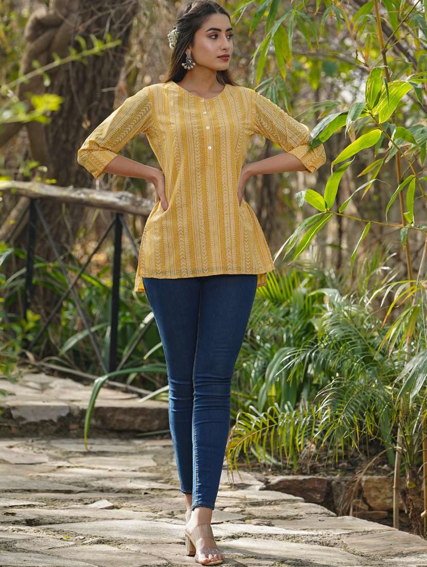 juniper women yellow georgette printed high-low kurti - 20023454 -  Zoom Image - 0