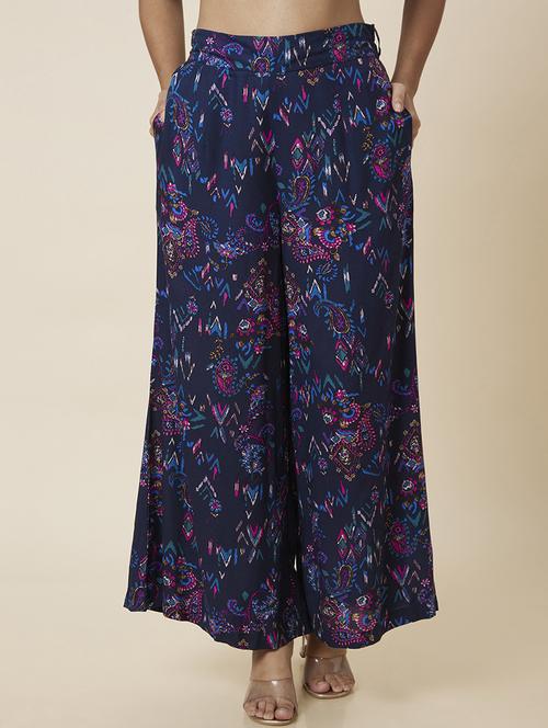globus women navy blue paisley printed wide leg palazzos - 20023457 - Standard Image - 0