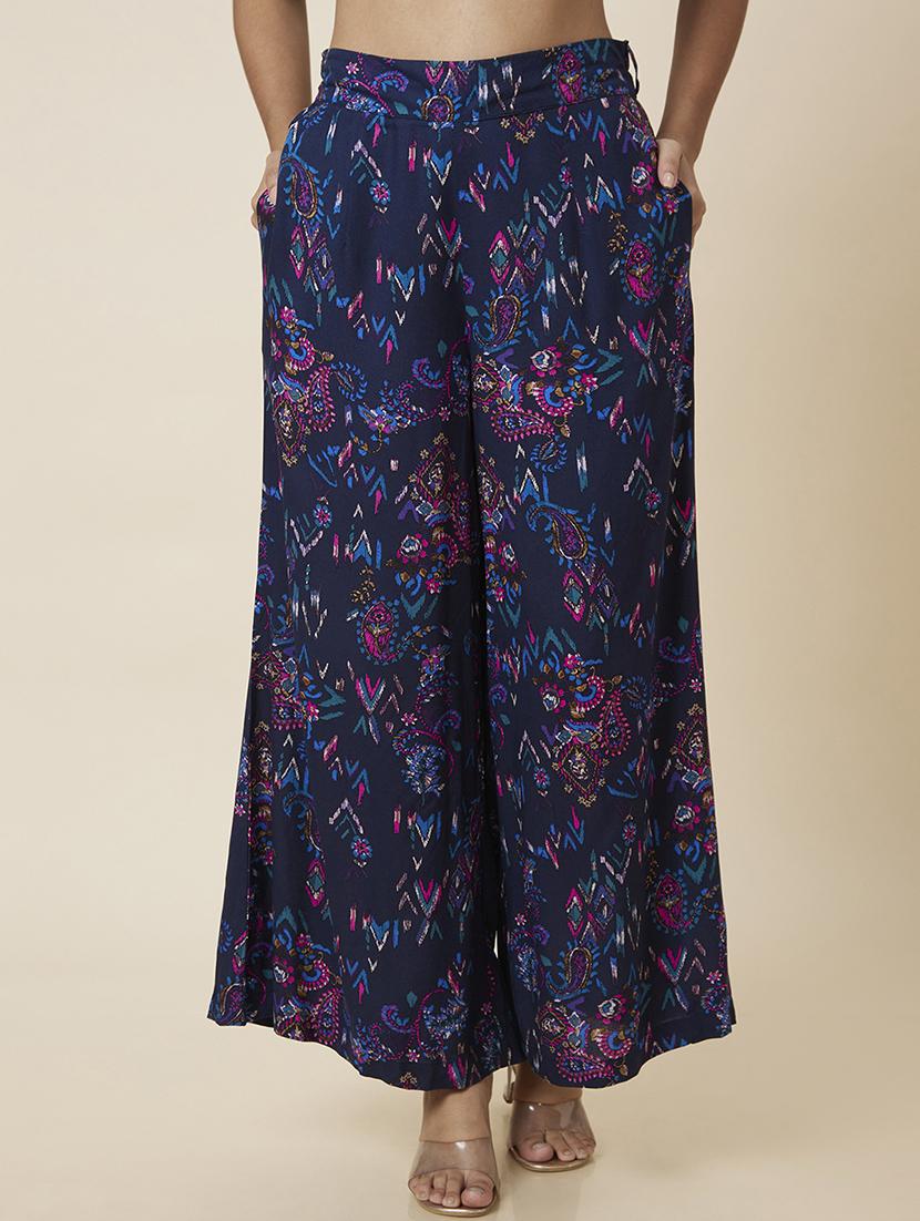 globus women navy blue paisley printed wide leg palazzos - 20023457 - Zoom Image - 0