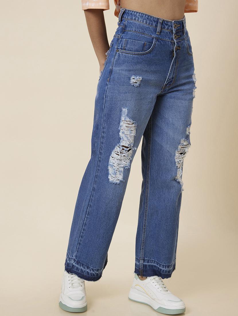women's distress straight fit jeans - 20023466 - Standard Image - 1