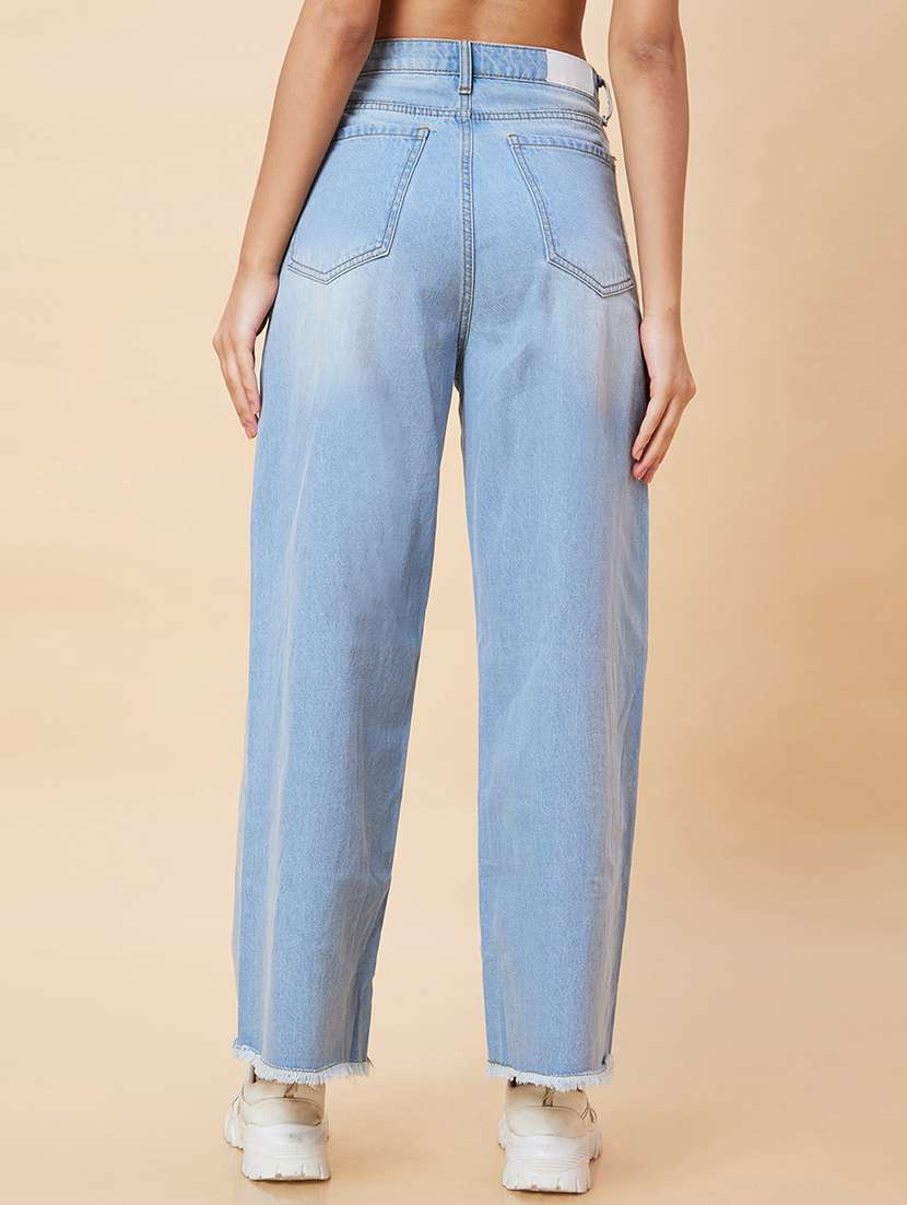 Globus Women Light Blue Stretchable Mid Rise Wide Leg Frayed Jeans