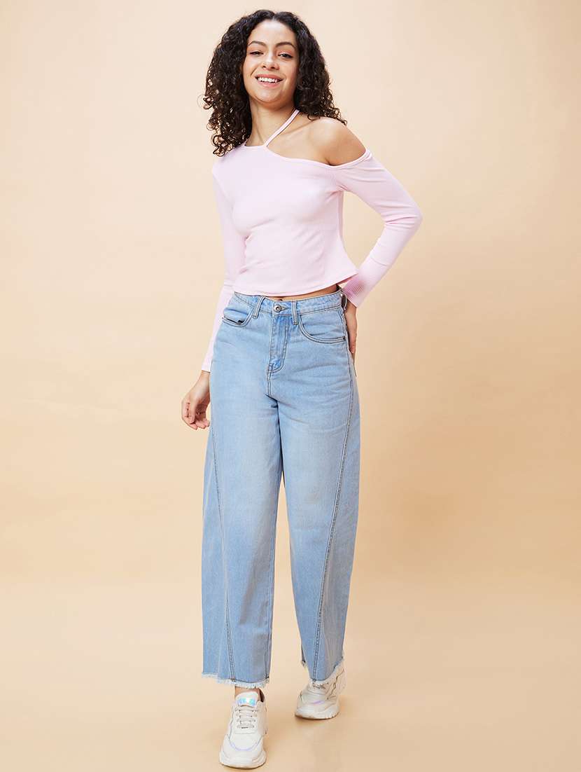 Globus Women Light Blue Stretchable Mid Rise Wide Leg Frayed Jeans