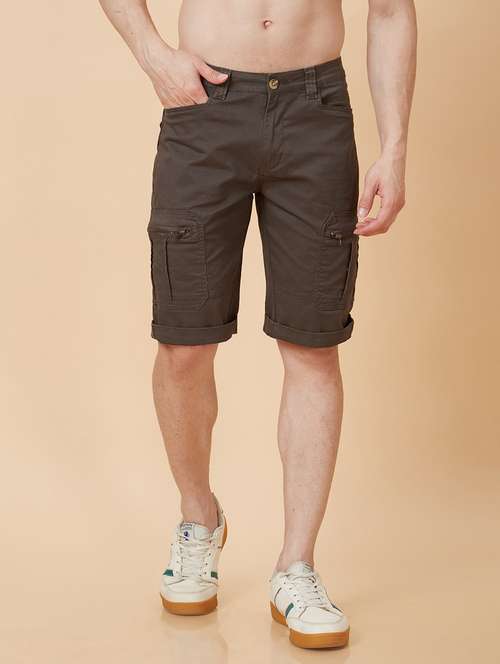 globus men olive stretchable mid-rise cargo shorts - 20023805 -  Standard Image - 0