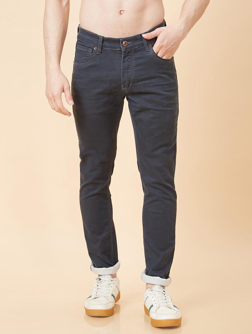men grey cotton plain jeans