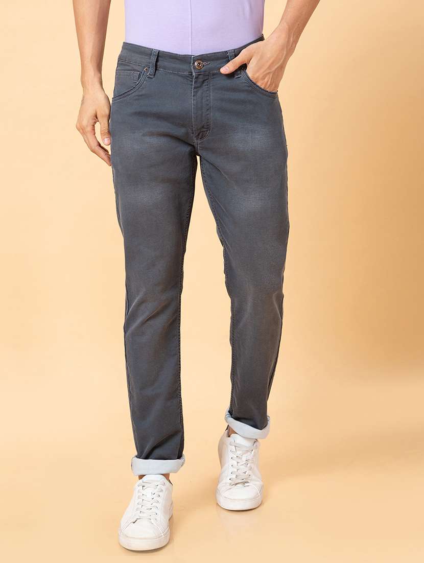 men grey cotton plain jeans