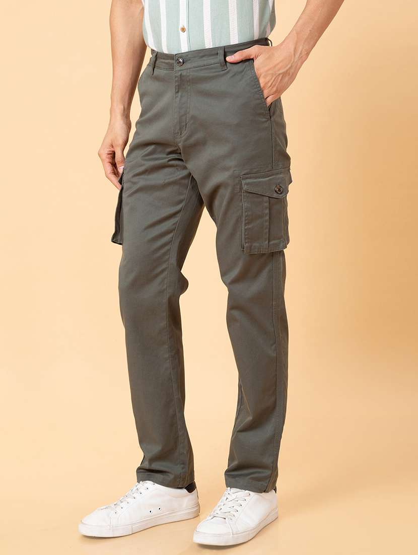 globus men olive mid-rise slim fit pure cotton cargo trousers - 20023853 -  Standard Image - 1